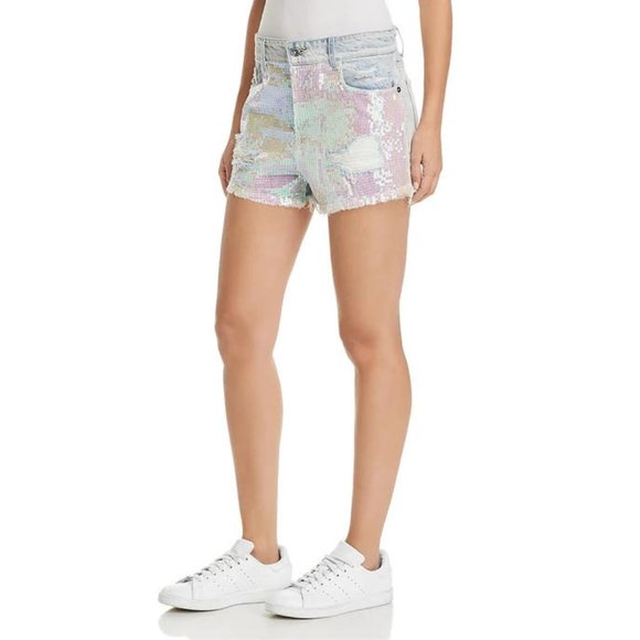 NWT SUNSET & SPRING SEQUINED DISTRESSED DENIM SHORTS - sz 28 - Picture 2 of 6